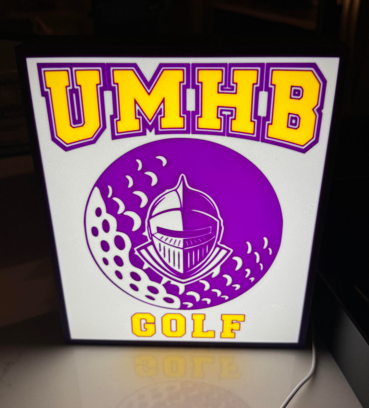 UMHB Golf Light Box Sign — Knight + Golf Ball Background (3D Printed LED Display)